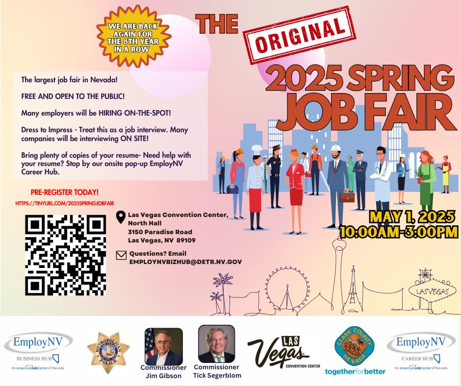 DetrNevada's tweet image. Take the chance to jumpstart your career at The Original Spring Job Fair is May 1, 10AM-3PM at the Las Vegas Convention Center. Whether you’re looking to make a career change or land your first job pre-register now: app.brazenconnect.com/a/state-of-nev…
#NevadaJobs #JobFair #SpringJobFair