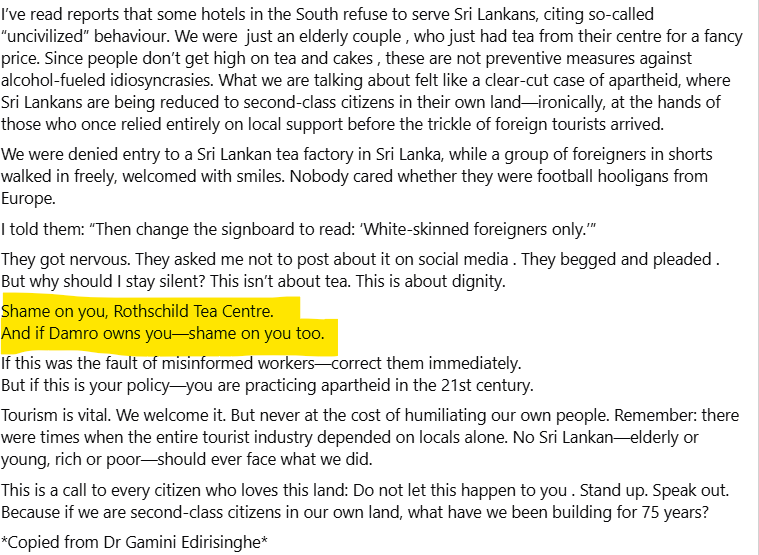 Another case of discrimination against locals at the Rothschild Tea Factory run by Damro (<a href="/DamroFurnitures/">Damro India</a>) Locals banned from Factory Visits. Open only to foreign (white) tourists. No locals allowed. <a href="/tourismlk/">Tourism Sri Lanka</a> <a href="/sltda_srilanka/">Sri Lanka Tourism Development Authority</a> over to you <a href="/HMVijithaHerath/">Vijitha Herath</a> <a href="/BimalRathnayake/">Bimal Rathnayake</a>