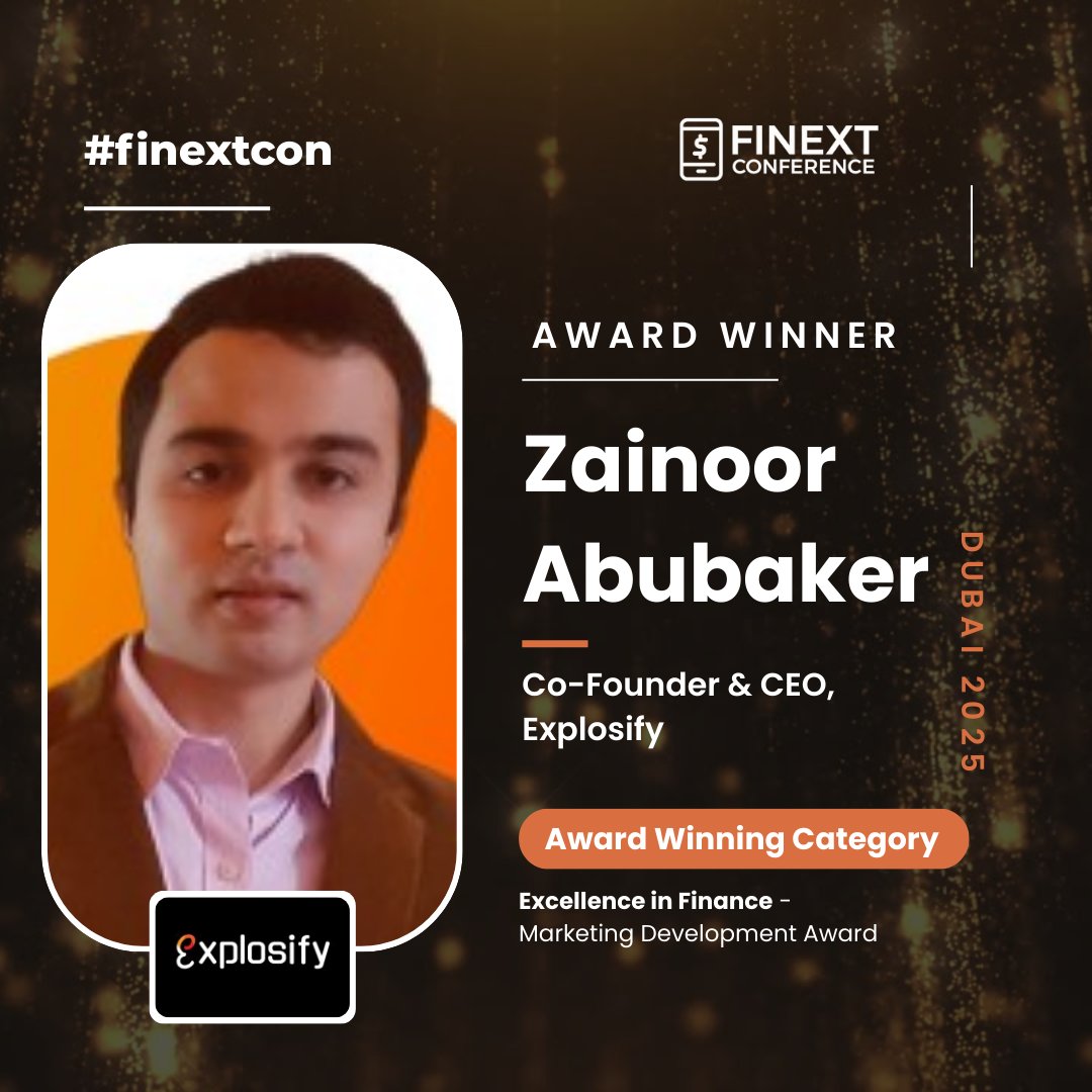 FiNext Conference Dubai 2025!

Congratulations to Zainoor Abubaker &amp; Explosify for winning the Excellence in Finance – Marketing Development Award! 🏆🎉

#finextcon #finextcondubai #AwardWinning #FinanceExcellence #marketing #development #explosify