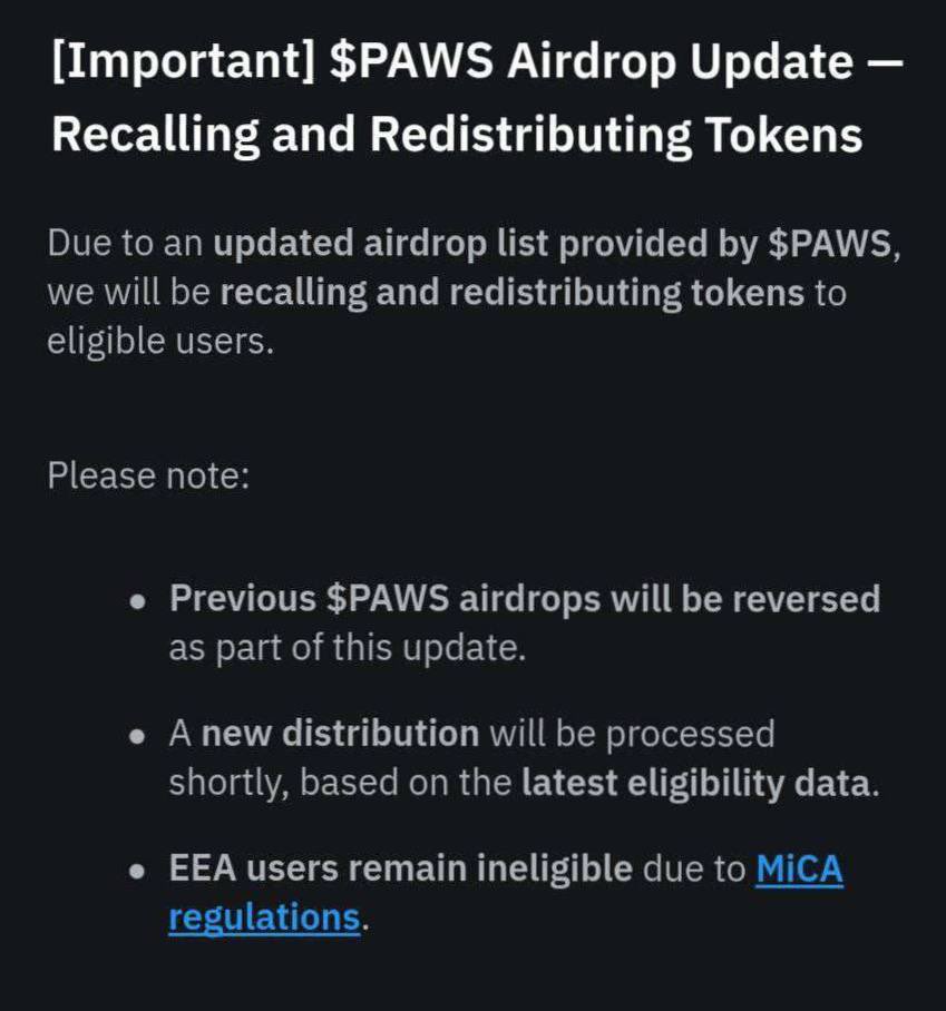 ANNOUNCEMENT 📣 from bybit 
Regarding to the sudden reversal of $PAWS airdrop