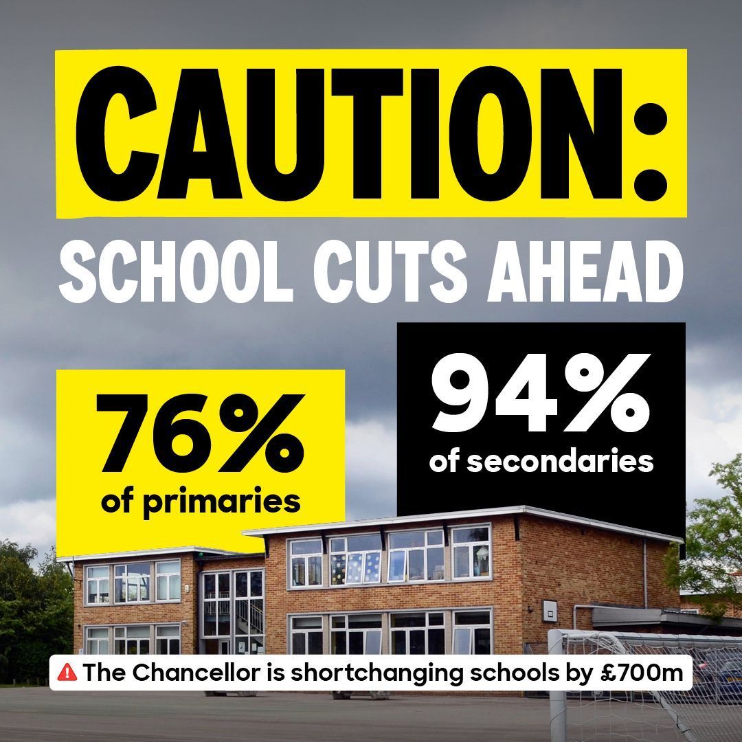 This year, 76% of primary schools and 94% of secondary schools will be forced to make cuts.

Will you tell your MP to write to the Chancellor and say:
➡️ Stop any new cuts 
➡️ Make the necessary choice of beginning to reverse more than a decade of school cuts