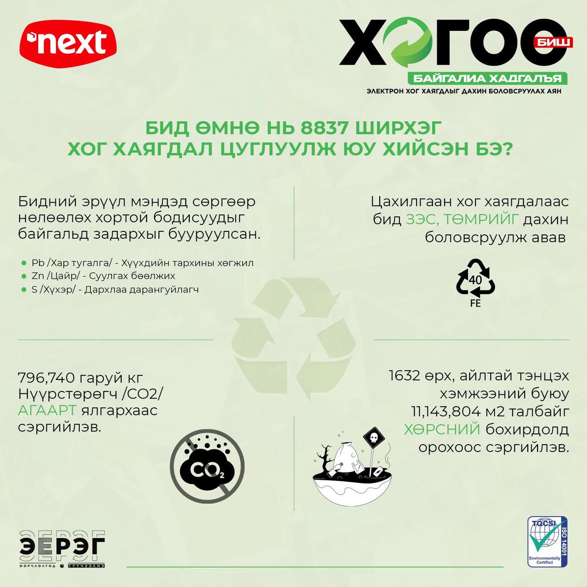 ♻️Хогоо биш байгалиа хадгалъя🌱

Эко системд маш их сөрөг нөлөө үзүүлж буй электрон хог хаягдлыг цуглуулан, дахин боловсруулж, хоёрдогч бүтээгдэхүүн болгох болон стандартын дагуу устгах зорилгоор 2024 онд 2 үе шаттайгаар  “Хогоо биш байгалиа хадгалъя” аяныг зохион байгуулсан.
