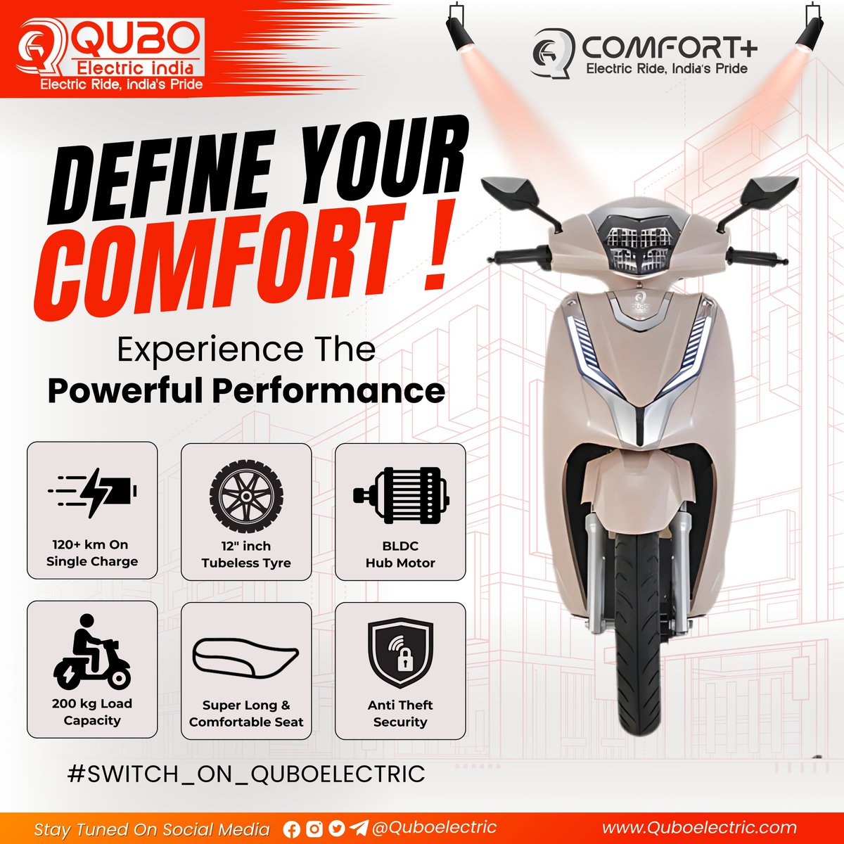 Quboelectric's tweet photo. DEFINE YOUR COMFORT  ! 
WITH QUBO COMFORT+
Experience The Powerful Performance

- 120+ km On Single Charge
- 12" inch Tubeless Tyre
- BLDC Hub Motor
- 200 kg Load Capacity
- Super Long &amp; Comfortable Seat
- Anti Theft Security

#Switch_on_QuboElectric
#QuboElectric #Quboindia https://t.co/fGeeedEnIj