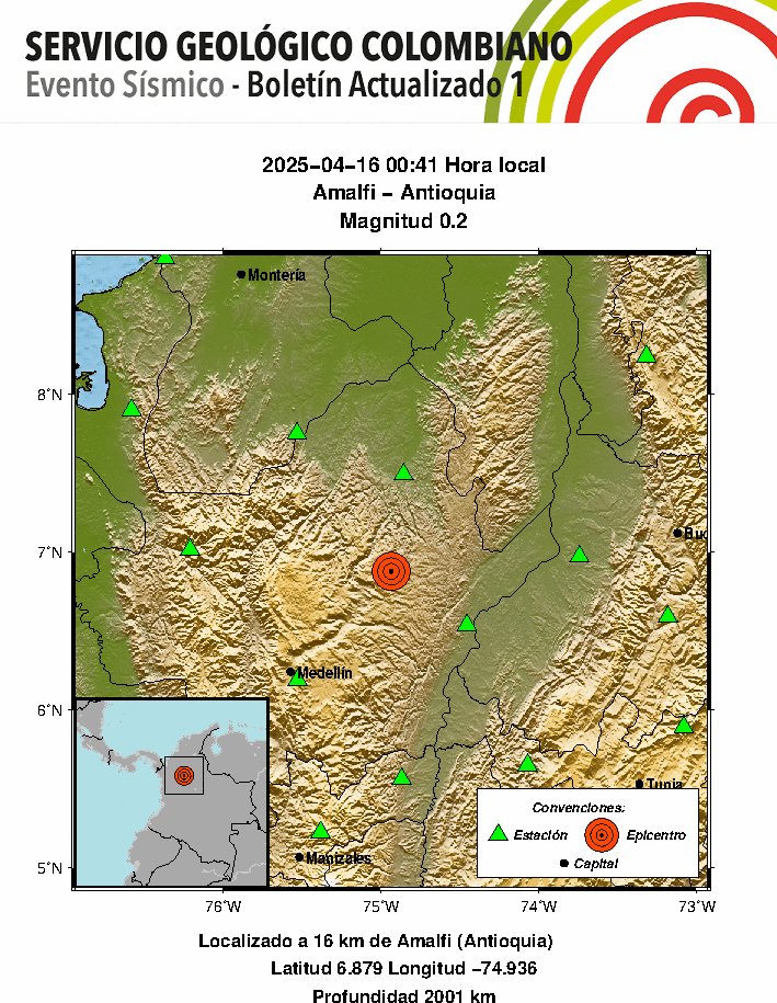 YasarJose01's tweet photo. #SismosColombiaSGC Evento Sísmico - Boletín Actualizado 1, 2025-04-16 00:41 Hora Local. Magnitud: 0.2, Profundidad 2001 km, Amalfi - Antioquia #NoticiaEnDesarrollo #Temblor #Sismo Más información: https://t.co/oVPJlwBGGK https://t.co/j72yHKYKyB
