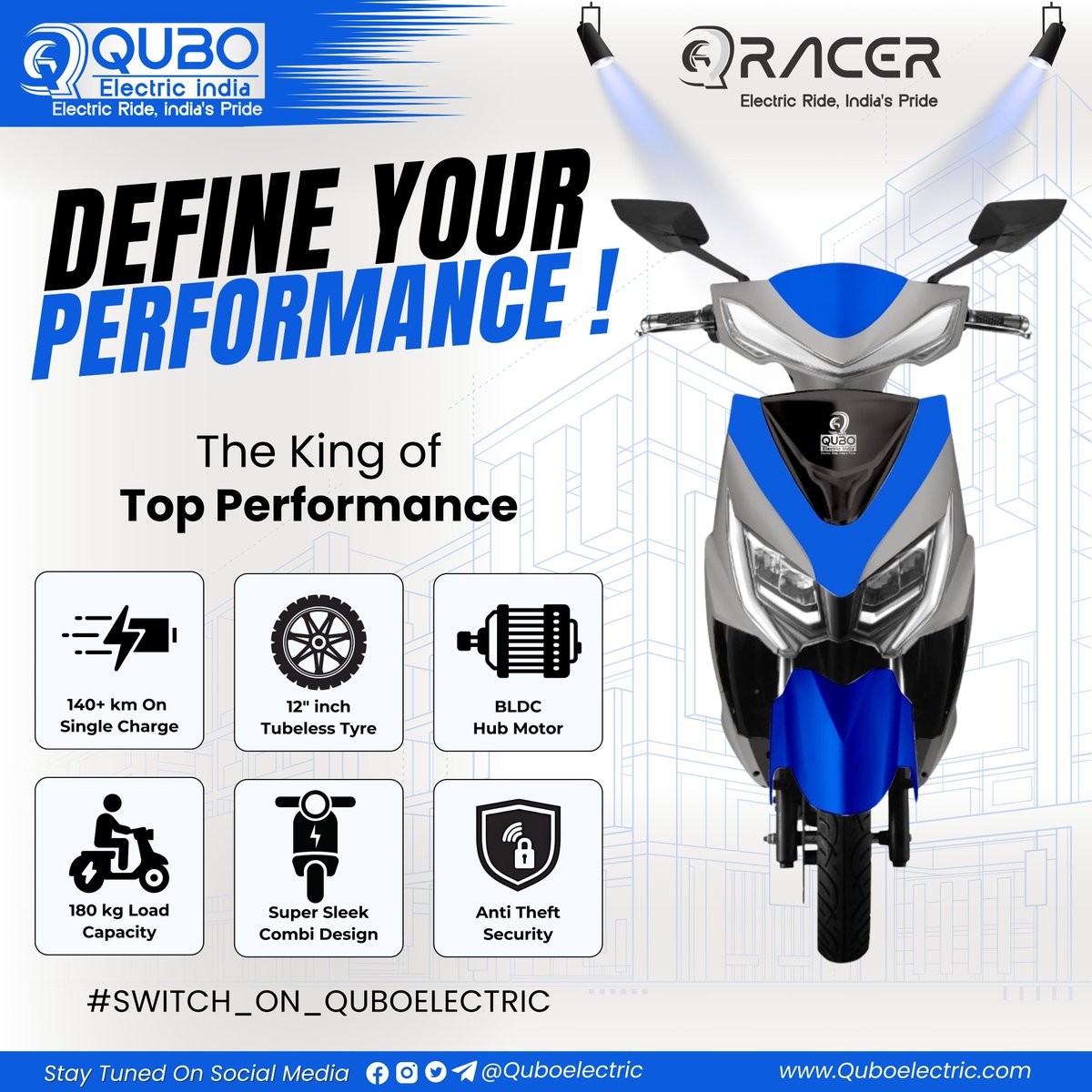 Quboelectric's tweet photo. DEFINE YOUR PERFORMANCE ! 
WITH QUBO RACER
The King of Top Performance

- 140+ km On Single Charge
- 12" inch Tubeless Tyre
- BLDC Hub Motor
- 180 kg Load Capacity
- Super Sleek Combi Design
- Anti Theft Security

#Switch_on_QuboElectric
#QuboElectric #Quboindia https://t.co/x2x439H7fG