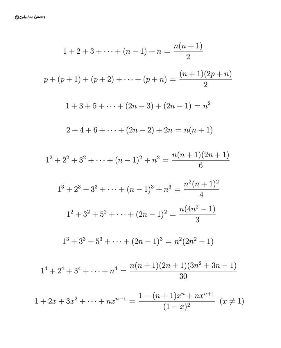TheMathFlow's tweet image. Important Summation Identities for Arithmetic and Power Series.