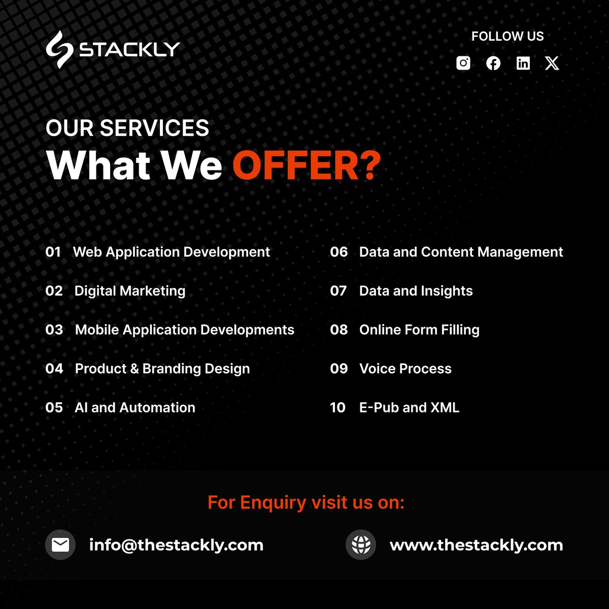The_Stackly's tweet image. #stackly_Services✨🤝✨
#Web_Design💻
#Web_Application_Development
#Digital_Marketing
#Mobile_Applicayion_Development
#Product_and_Branding_Designs
#AI_and_Documentation
#Data_and_Content_Management
#Data_and_Insights
#Online_Form_Filling
#Voice_Process
#EPub_and_XML