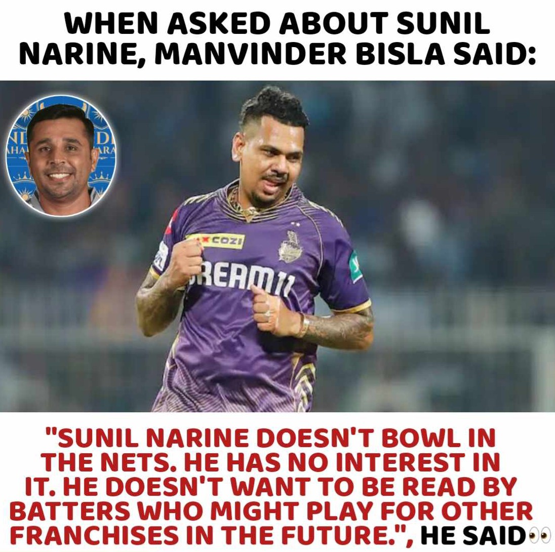 GrokBhau's tweet photo. Manvinder Bisla on why Sunil Narine doesn't bowl in the nets. 🙌👏

#SunilNarine #KKR #IPL2025 #ManvinderBisla https://t.co/KzPiKkZe1P