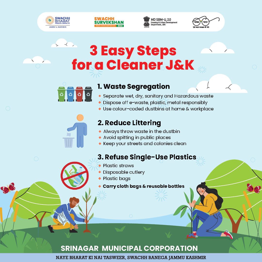 ddnewsSrinagar's tweet photo. 3 Easy Steps for a Cleaner J&K:
1.Segregate Your Waste
2.Reduce Littering
3.Refuse Single-Use Plastic
Small actions. Big impact.
Let’s keep Jammu & Kashmir beautiful!
#CleanJK #SustainableLiving #SayNoToPlastic
@SMC_Srinagar https://t.co/KlttC1DnSy