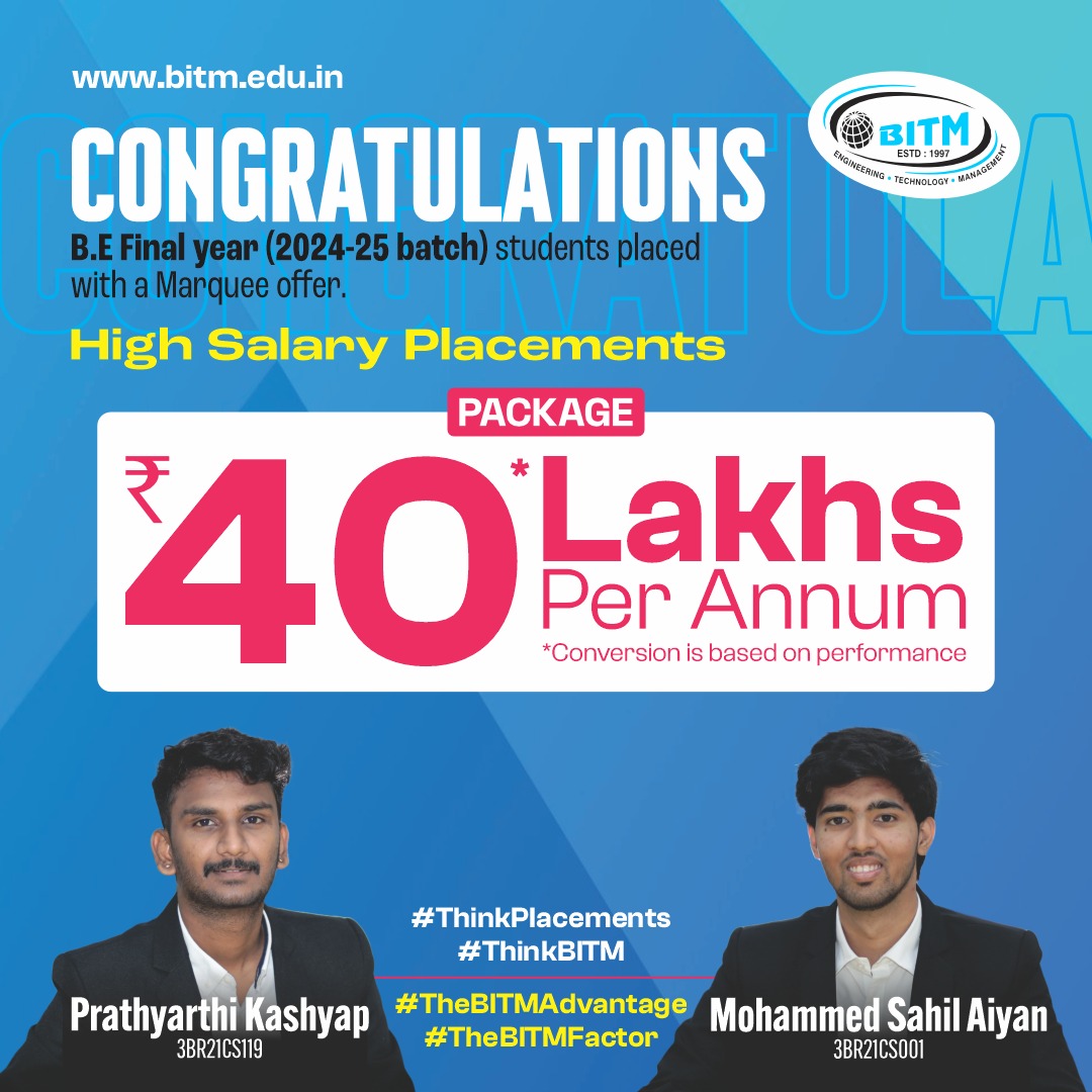 bitmcollege01's tweet photo. 💥 Level Up: BITM, Ballari Students Land ₹40 Lakhs Per Annum Offers !💥

We are delighted to share a remarkable achievement by our final-year students!

💼 Two of our students have secured marquee placement offers with an exceptional CTC of ₹40 Lakhs Per Annum (LPA)! https://t.co/rTkY46VcCq