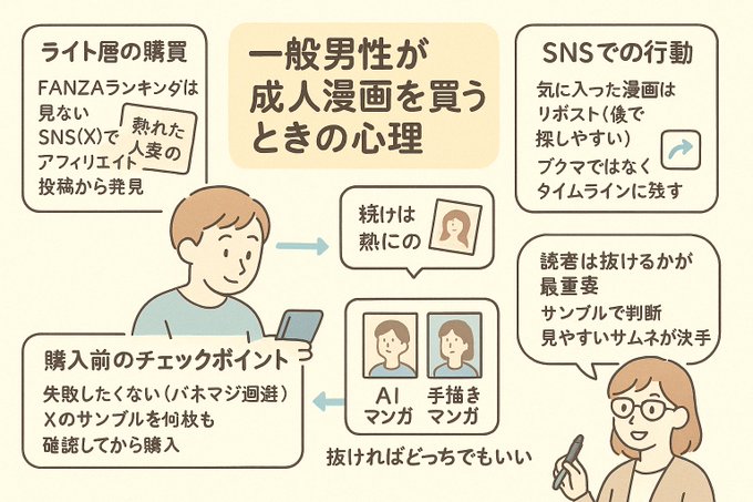 友人から聞いた「一般男性の成人漫画購買心理」が目から鱗すぎた😳
サンプル重視!AI/手描き気にしない!
リポストは「後で買うリスト」など、クリエーターにはない視点でしたw 友よありがとう! 