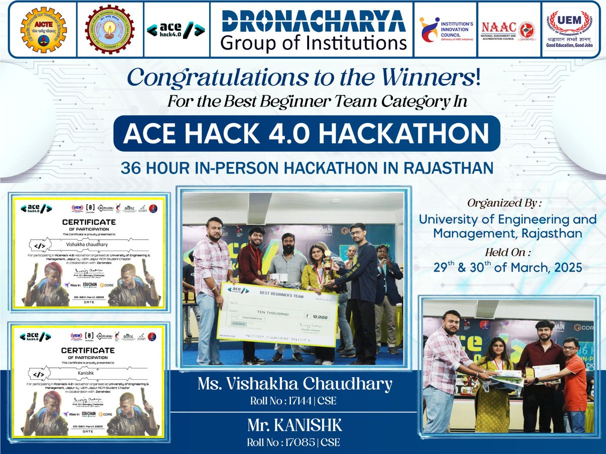DronacharyaDgi's tweet image. 🏆 Big win for DGI Greater Noida!
Ms. Vishakha Chaudhary &amp;amp; Mr. Kanishk (CSE) bagged Best Beginner Team at ACE Hack 4.0 🥇
36-hour hackathon @ UEM, Rajasthan 💻
Innovation, skill &amp;amp; spirit on full display!
#ACEHack4 #HackathonWinners #DronacharyaGreaterNoida #CSE #TechForGood