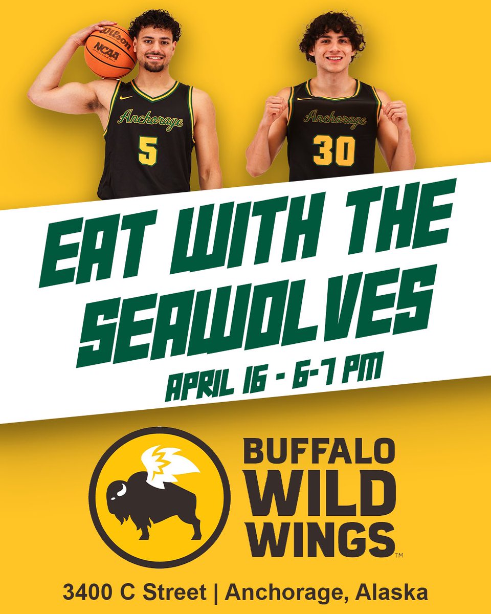 UAA Men's Basketball (@uaambb) on Twitter photo Join us Wednesday April 16 from 6:00-7:00p!! Thank you to Buffalo Wild Wings for hosting our Team for “Eat with the Seawolves”! We will have some Tshirts for the kids in attendance! Go Seawolves! <a href="/BWWings/">Buffalo Wild Wings</a> Join us Wednesday April 16 from 6:00-7:00p!! Thank you to Buffalo Wild Wings for hosting our Team for “Eat with the Seawolves”! We will have some Tshirts for the kids in attendance! Go Seawolves! <a href="/BWWings/">Buffalo Wild Wings</a>