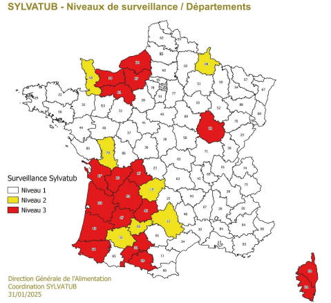🔎🦡 L'ESA actualise les niveaux de surveillance départmentale de #Sylvatub, l'outil développé pour surveiller la #tuberculose dans la faune sauvage, pour l'année 2025

ow.ly/ug8450VB7wL