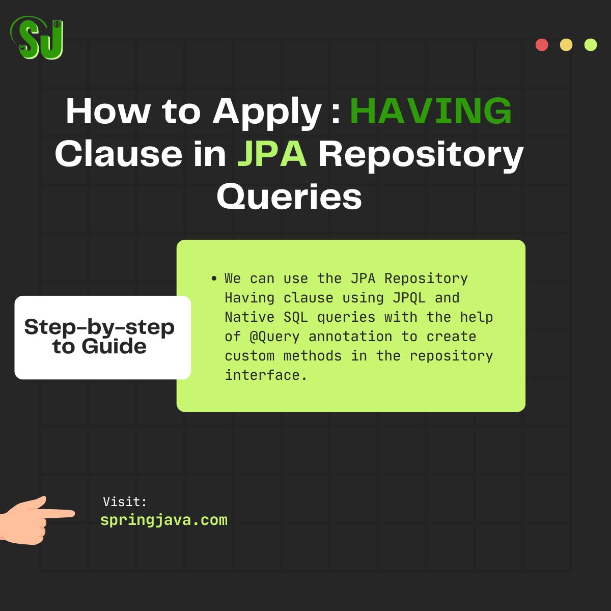 springjava2's tweet image. How to Apply : HAVING Clause in JPA Repository Queries ?
.
Learn - springjava.com/spring-data-jp…
.
#springjava #codingtips #javaprogramminglanguage #springdata #jparepository #havingclause