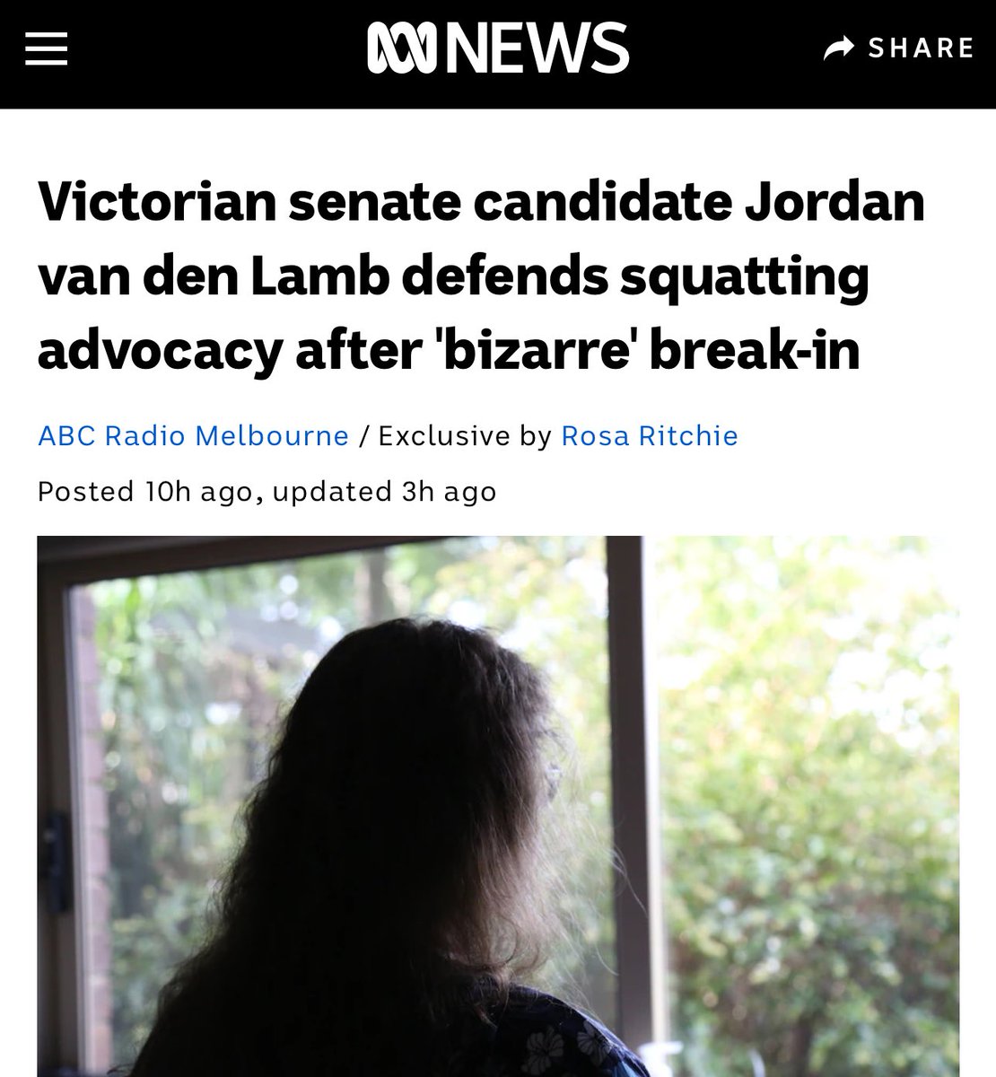 Amazing new story in Australian politics.

An elderly man died and his property sat vacant as his daughter tried to renovate it so she could move in. 

Victorian Socialists Senate candidate Jordan Van Den Lamb (Purple Pingers) posted the address and encouraged people to squat in