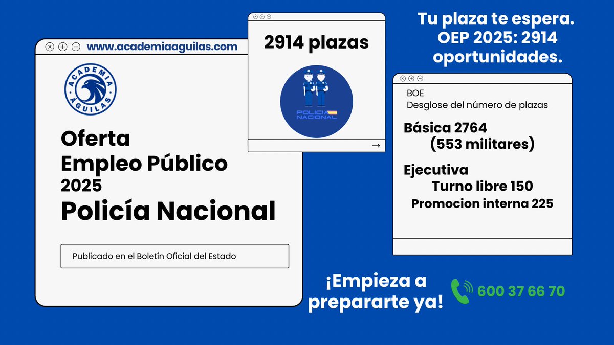 ¡La OEP 2025 ya es oficial!

2914 plazas para la Policía Nacional:
• 2764 Escala Básica
• 150 Escala Ejecutiva

Publicado hoy en el BOE: boe.es/boe/dias/2025/…

¿Quieres ser uno de ellos? 👮🏻‍♀️👮‍♂️
Empieza a prepararte desde ya.

#OEP2025 #PolicíaNacional #Oposiciones