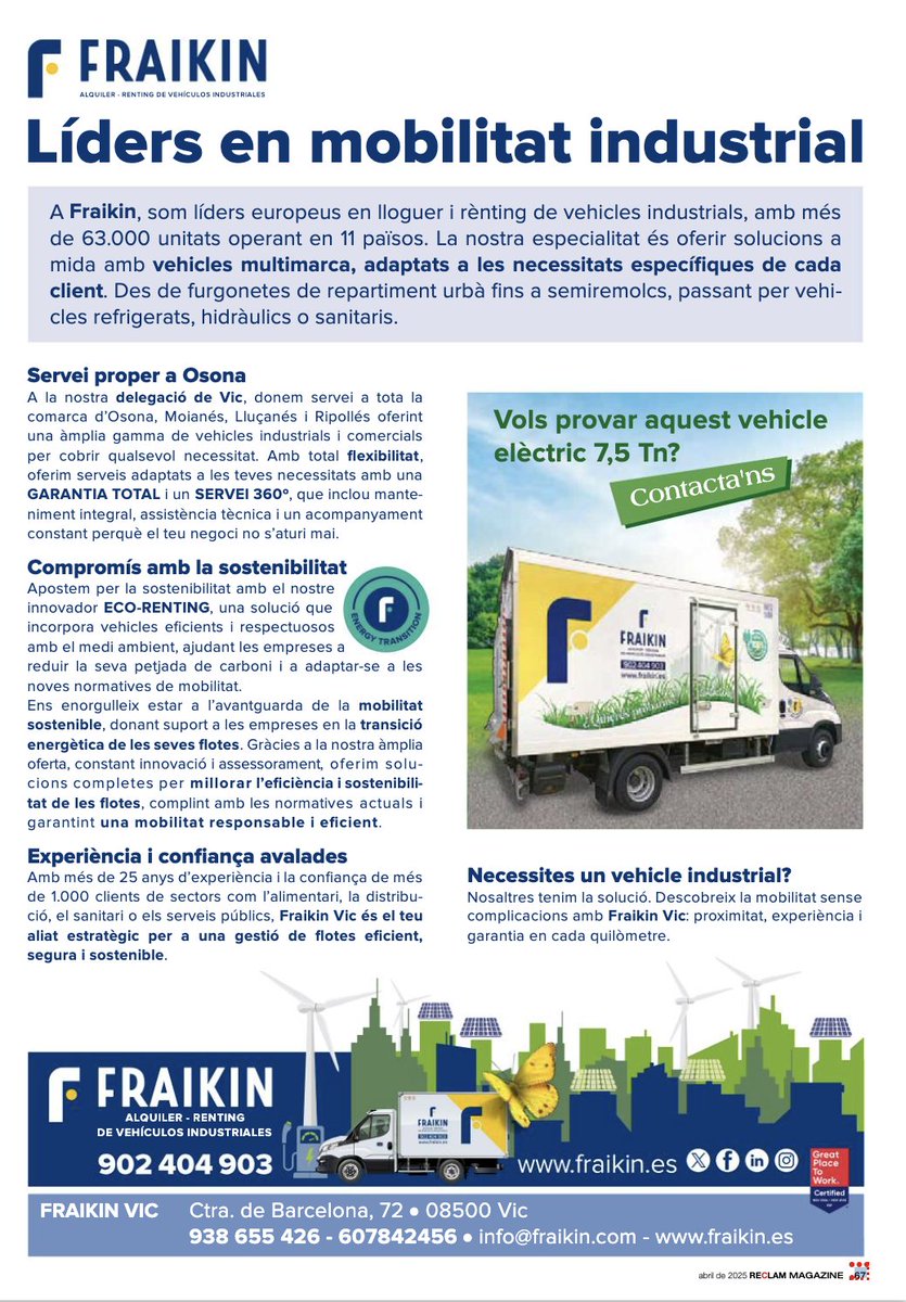 📣 Este mes de abril aparecemos en <a href="/reclam_magazine/">RECLAM OSONA</a>, un magazine gratuito sobre cultura y ocio comarcal que se distribuye en Osona y alrededores.

#rentingindustrial #movilidadsostenible