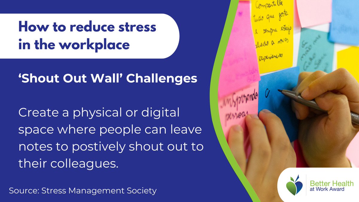 The 'Shout Out Wall' challenge is a great way to boost morale in the workplace, and help to reduce stress. Why not give it a go? 🤔

Create a space where staff can leave positive comments about their colleagues! 💙

Find other stress management tips here: stress.org.uk