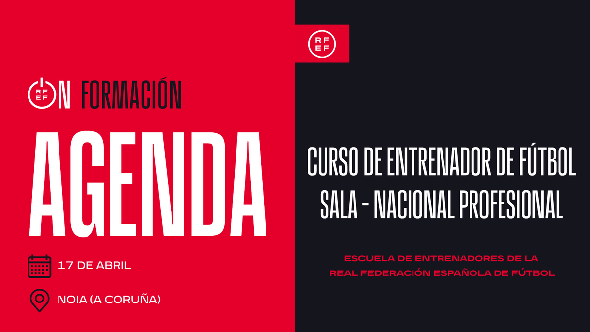 👨🏻‍🎓👩🏻‍🎓⚽️AGENDA | Jornada del ‘𝗖𝘂𝗿𝘀𝗼 𝗱𝗲 𝗘𝗻𝘁𝗿𝗲𝗻𝗮𝗱𝗼𝗿 𝗱𝗲 𝗙𝘂́𝘁𝗯𝗼𝗹 𝗦𝗮𝗹𝗮 𝗡𝗮𝗰𝗶𝗼𝗻𝗮𝗹 𝗣𝗿𝗼𝗳𝗲𝘀𝗶𝗼𝗻𝗮𝗹’

Docente ⤵️
🙋🏻‍♂️ <a href="/Guillemart89/">Guillermo Martínez</a>
✅ Planificación de una temporada de 2ª B
✅ Creación del modelo de juego

🗓 Hoy
⌚️ 10 horas
📍 Noia

#FormaciónRFEF