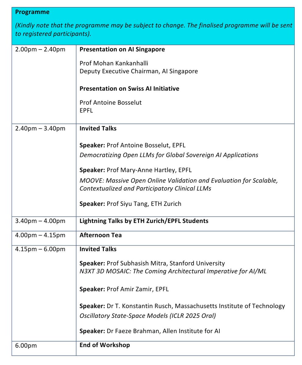 We are pleased to invite you to NUS (<a href="/NUSingapore/">NUS</a>)-Swiss AI Workshop on Wed April 23 (a day before <a href="/iclr_conf/">ICLR 2026</a> #ICLR2025 in Singapore).

Register for the workshop here (seats are limited!!!): 
forms.office.com/pages/response…

This workshop is co-organized with the Swiss AI Initiative, a