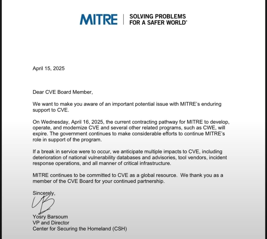ShayaFeedman's tweet image. 1/
להתראות CVE, שלום עולם של כאוס ואי ודאות.
הבוקר התעוררנו לרעידת אדמה אמיתית בתעשיית הסייבר – MITRE הודיעה שלא תמשיך להפעיל את מערכת רישום ה-CVE, וזאת עקב החלטת ממשלה.
מה המשמעות? הנה נקודת המבט שלי כחוקר, כ-Vendor, ולבסוף גם דעתי האישית שלא עוברת לכולם בגרון.