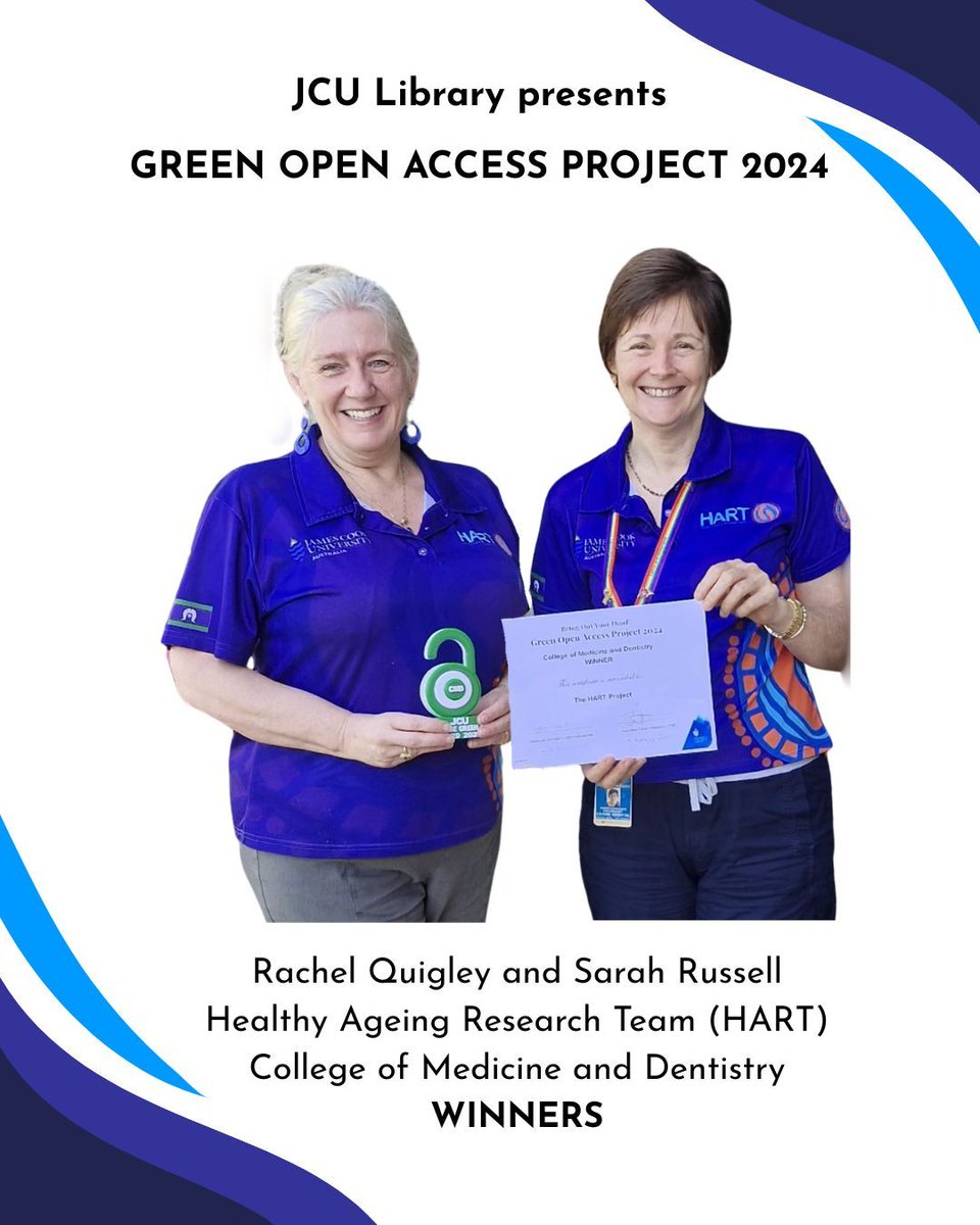 JCULibrary's tweet photo. JCU Library is pleased to present the College of Medicine and Dentistry @JCUMedDent winners of the Green Open Access Project 2024, Rachel Quigley and Sarah Russell of the Healthy Ageing Research Team (HART). #JCU #JCULibrary https://t.co/wD8aCI51Rk