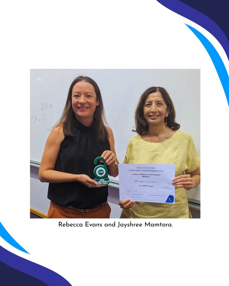 JCULibrary's tweet photo. JCU Library is pleased to present the College of Medicine and Dentistry @JCUMedDent winners of the Green Open Access Project 2024, Rachel Quigley and Sarah Russell of the Healthy Ageing Research Team (HART). #JCU #JCULibrary https://t.co/wD8aCI51Rk