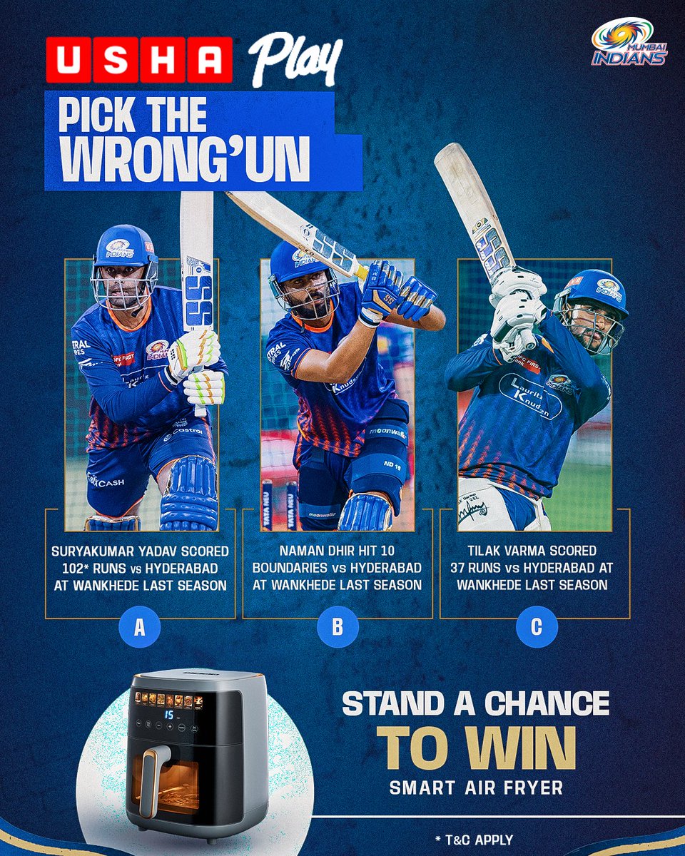 Another <a href="/UshaPlay/">Usha Play</a> Wrong’un is here to test your cricket IQ! 😎

Get it right and walk away with exciting rewards 🎁

Ready to play? T&amp;Cs 👉 bit.ly/4bSJMSW

#MumbaiIndians #PlayLikeMumbai
