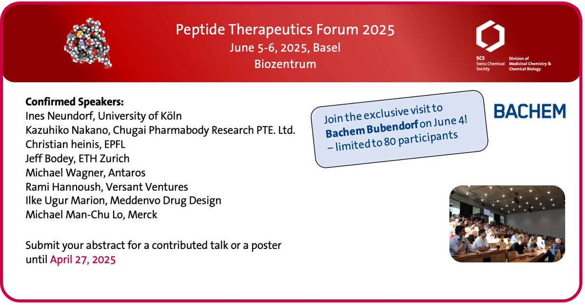 Swiss Chemical Society (@swisschemistry) on Twitter photo 🔔Peptide Therapeutics Forum 2025 - Don't forget to submit your abstract for a talk or a poster!
🗓️June 5-6, <a href="/biozentrum/">Biozentrum, University of Basel</a>
Deadline for submission: April 27, 2025
➡️ptf25.scg.ch/registration
#ptf25 #scs #medchem #switzerland #symposia 🔔Peptide Therapeutics Forum 2025 - Don't forget to submit your abstract for a talk or a poster!
🗓️June 5-6, <a href="/biozentrum/">Biozentrum, University of Basel</a>
Deadline for submission: April 27, 2025
➡️ptf25.scg.ch/registration
#ptf25 #scs #medchem #switzerland #symposia