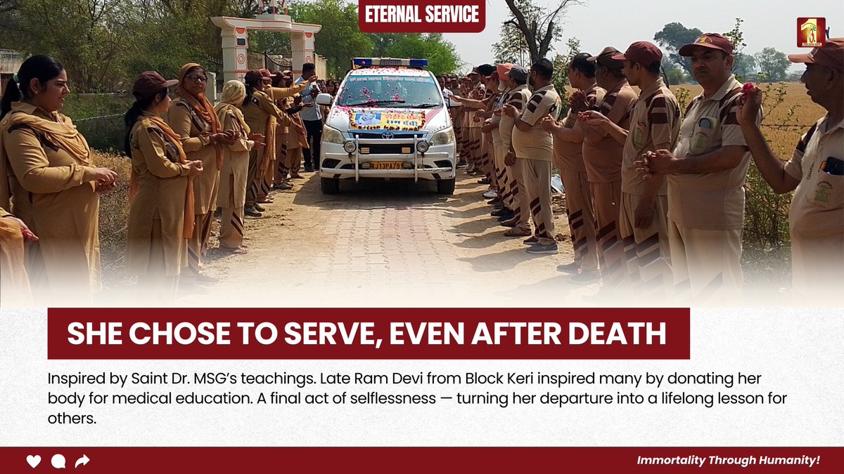 DSSNewsUpdates's tweet photo. She Chose to Serve, Even after Death

Guided by Saint Dr. MSG’s vision, Late Ram Devi (Block Keri) donated her body to serve medical science and future doctors.  Her last act became a beacon of humanity and learning for generations to come.

#DeraSachaSauda #SaintDrMSG #BodyDonation #TrueHumanity #InspiringLives #MedicalEducation #SelflessService #LegacyOfLove #BeTheExample