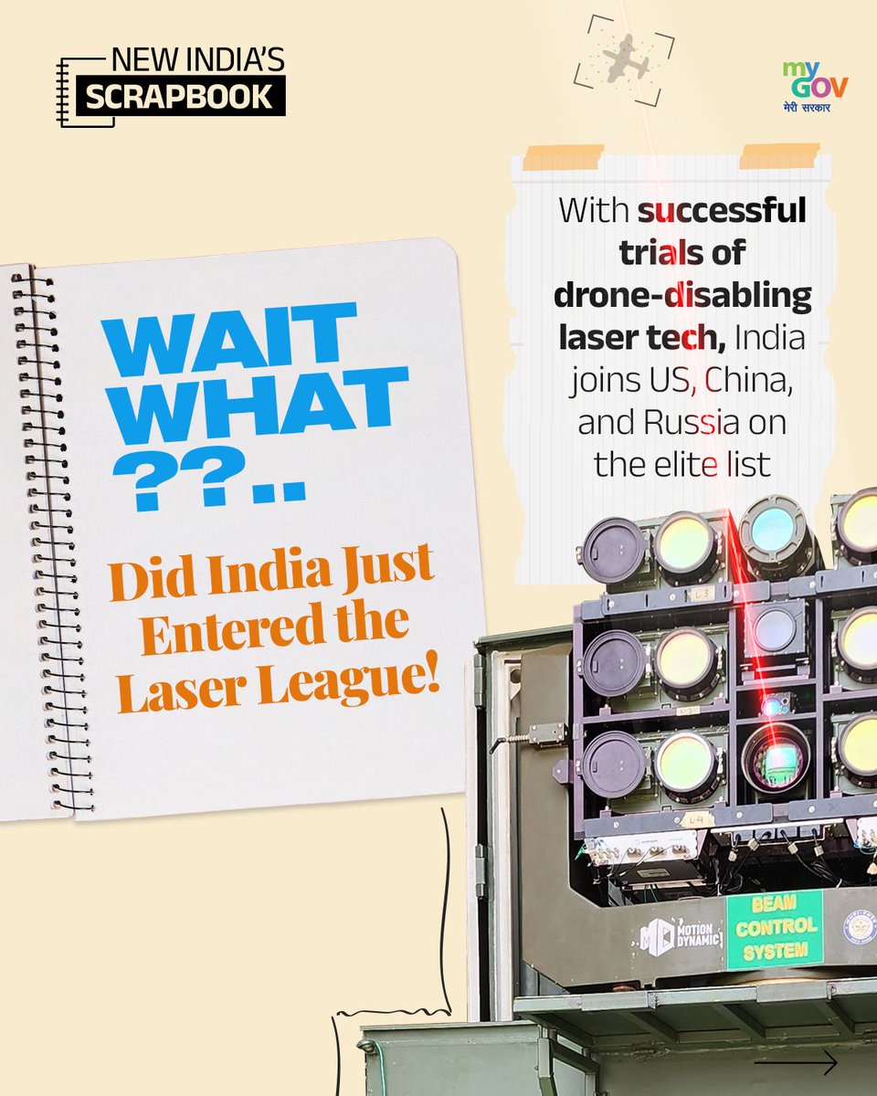 mygovindia's tweet image. Did India just level up to Laser League status?😲

With drone-disabling laser tech now in our arsenal, India’s now in the same league as the US, China, and Russia

#LaserTech
#DroneDisablingLaser