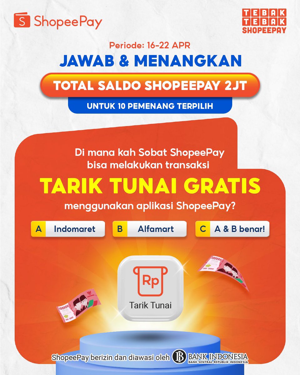 ShopeePay_ID's tweet photo. Tebak Tebak ShopeePay hadir lagi! Akan ada 10 pemenang terpilih yang bisa menjawab pertanyaan dengan benar. Yuk ikut cara ikutan giveaway ini:

1. Wajib follow twitter @shopeepay_id 
2. Wajib download aplikasi Shopeepay di Play Store atau App Store 
3. Jawab pertanyaan dengan menjawab lengkap, contoh: A. Indomaret 
4. Mention 3 teman kamu dan pakai hashtag #TebaktebakShopeePay #ShopeepayTarikTunai #ShopeePay 
5. Periode giveaway ini dari 16-22 April ya! 

Selamat mencoba dan semoga beruntung, Sobat ShopeePay!