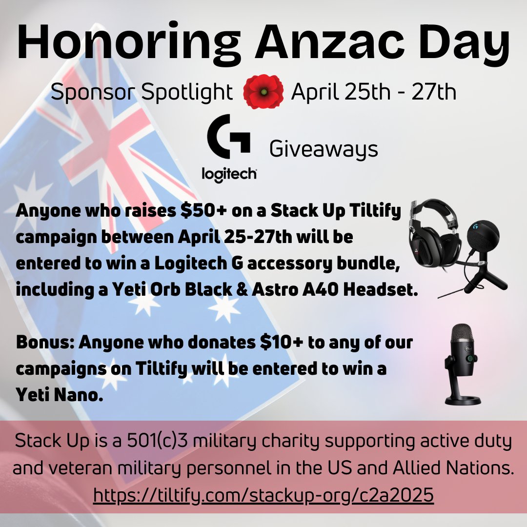 ANZAC Day is April 25th!

Join us honor of our Australian and New Zealand Allies and fundraise with us for another <a href="/LogitechG/">Logitech G</a> gear giveaway weekend

Fundraise $50+ to qualify for the bundle. Donate $10+ for a chance at a Yeti Nano.