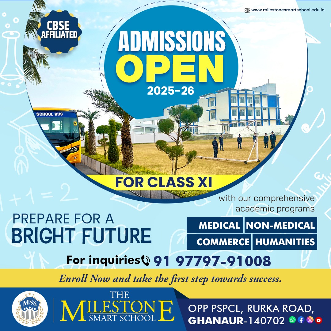 MilestoneGhana4's tweet image. Class XI Admissions Open (2025-26) at Milestone Smart School – CBSE

Streams: Medical | Non-Medical | Commerce | Humanities

📍 Ghanaur 
 📞 +91 97797-91008

#Admissions2025 #MilestoneSmartSchool #ClassXI #CBSE