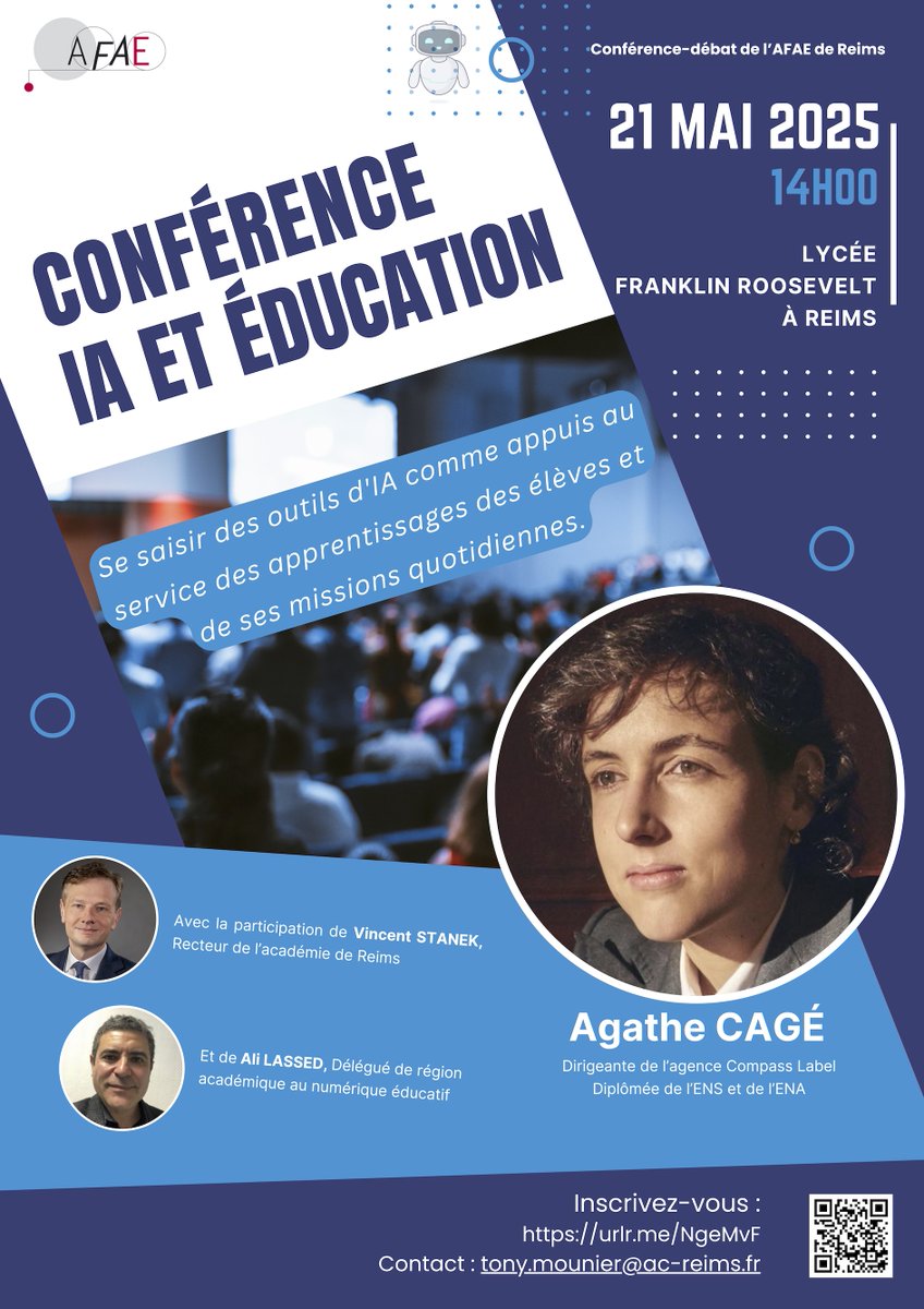 afae_fr's tweet image. Conférence-débats de l’AFAE-Reims : 

&quot;IA et Éducation&quot;

avec Agathe CAGÉ, Vincent STANEK et Ali LASSED

Reims, le  21 mai prochain

Renseignements :
afae.fr/vie-en-academi…