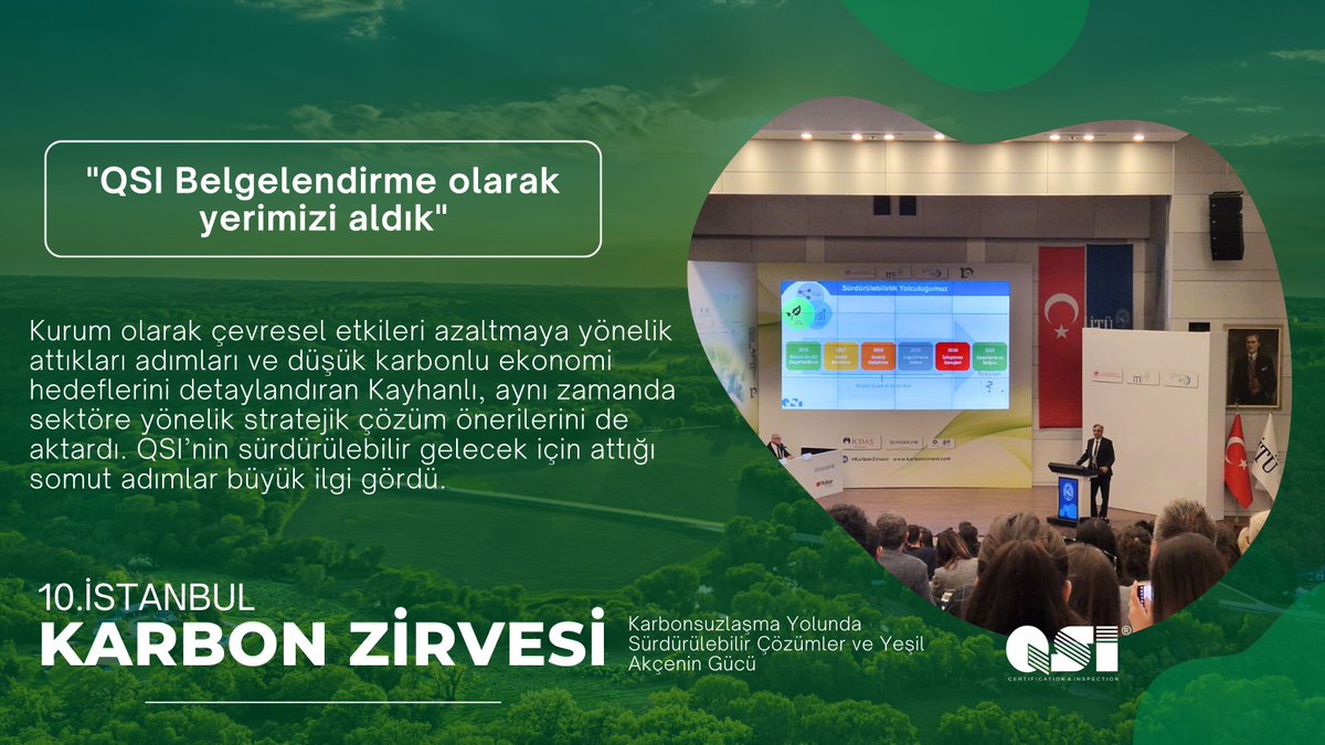 🌱 QSI Belgelendirme Genel Müdürü Sn. Okay Kayhanlı, “Karbon Yönetimi ve Endüstri” oturumunda konuştu.

Sürdürülebilirlik odaklı dönüşümün önemine dikkat çeken Kayhanlı, QSI Belgelendirme'nin bu alandaki çalışmalarını ve vizyonunu katılımcılarla paylaştı. Kendi sürdürülebilirlik