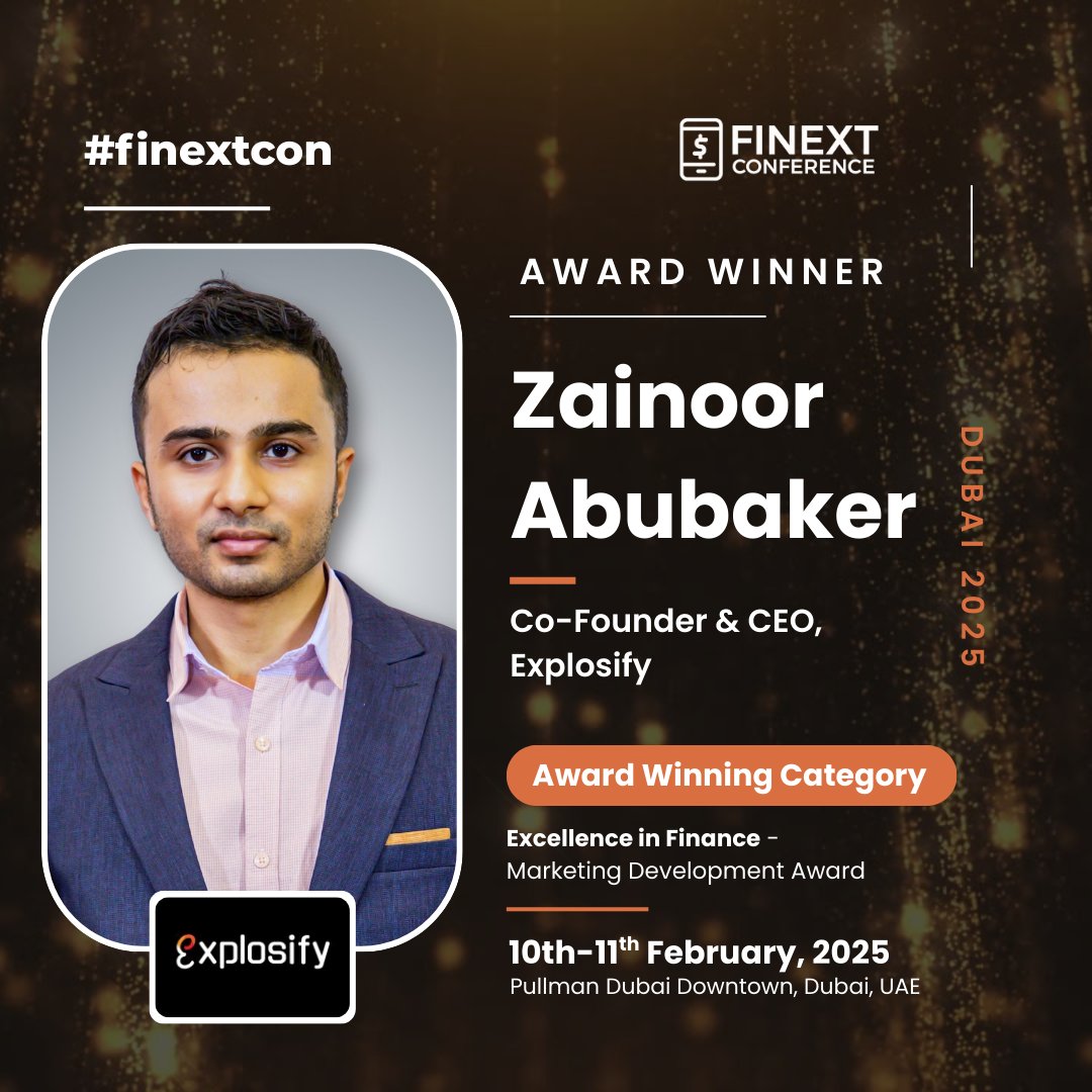 FiNext Conference Dubai 2025!

Congratulations to Zainoor Abudbaker &amp; Explosify for winning the Excellence in Finance – Education Award! 🏆🎉

#finextcon #finextcondubai #AwardWinning #FinanceExcellence #marketing #development #explosify