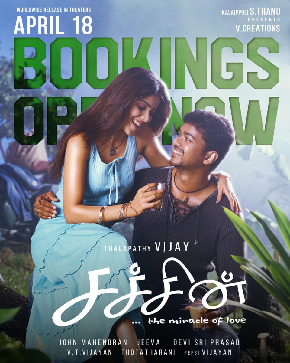 theVcreations's tweet photo. Sachein bookings open now!

🔗https://t.co/RM0qpi7lbP

#Sachein Grand theatrical release on April 18th

Thalapathy @actorvijay @Johnroshan @ThisIsDSP @geneliad #Vadivelu @iamsanthanam @bipsluvurself #ThotaTharani #VTVijayan #FEFSIVijayan @idiamondbabu @RIAZtheboss @APIfilms @dmycreationoffl @Ayngaran_offl @Tentkotta @cinema_boleyn #SacheinFromApril18