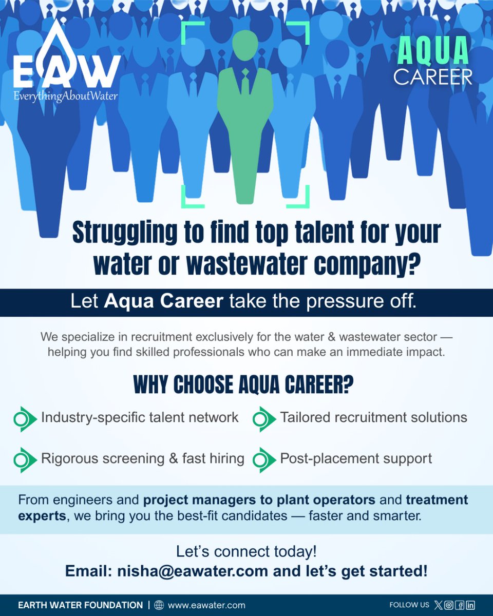 Everything About Water (@ea_water) on Twitter photo Struggling to Hire for Your Water Company? Aqua Career Has You Covered!
Stop wasting time on the wrong candidates. Aqua Career connects you with industry-ready talent from engineers to plant operators.
๐ง Get started: nisha@eawater.com
Visit: eawater.bmeurl.co/1258309C Struggling to Hire for Your Water Company? Aqua Career Has You Covered!
Stop wasting time on the wrong candidates. Aqua Career connects you with industry-ready talent from engineers to plant operators.
๐ง Get started: nisha@eawater.com
Visit: eawater.bmeurl.co/1258309C