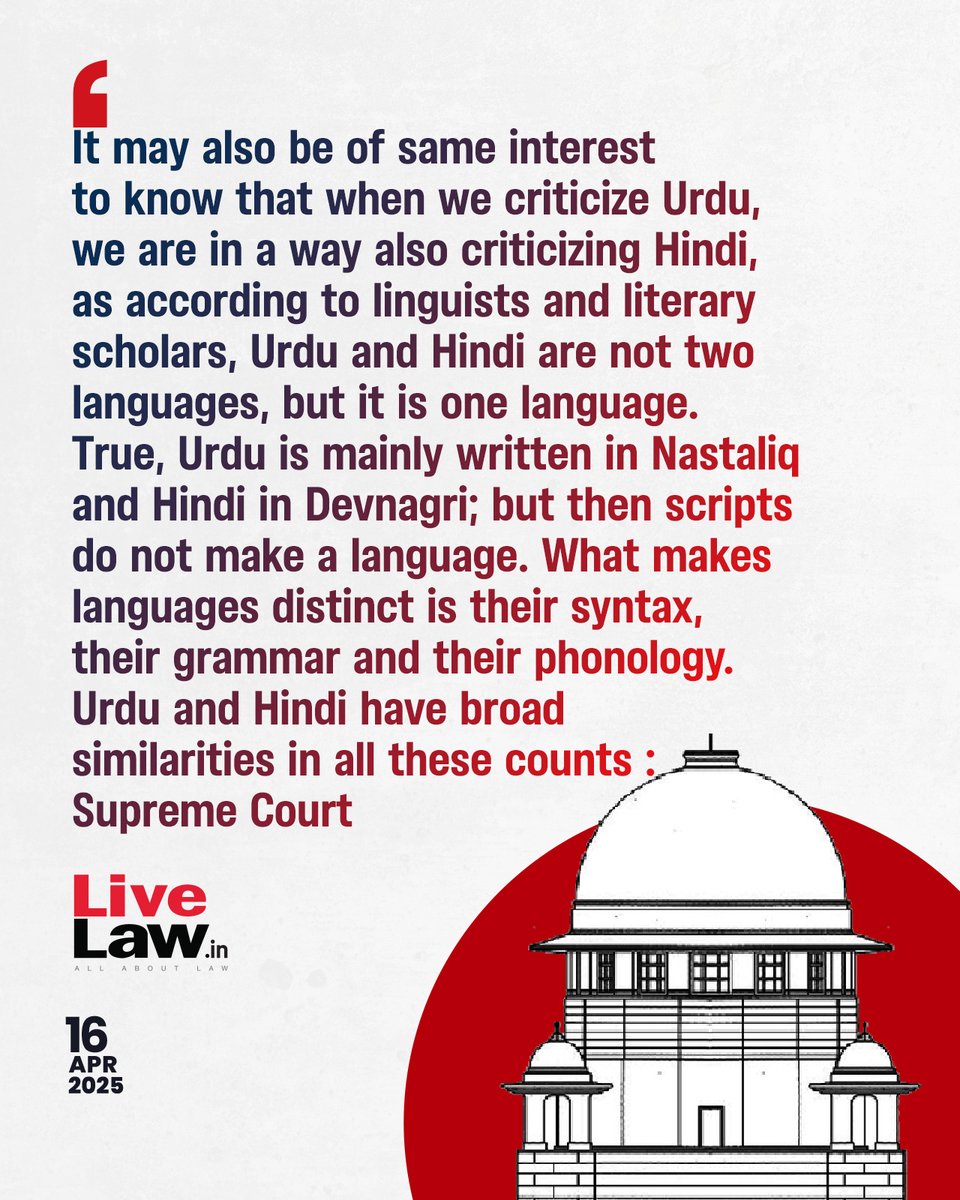LiveLawIndia's tweet photo. Urdu &amp; Hindi One Language According To Scholars; Language Shouldn't Become A Cause For Division : Supreme Court
Read more: https://t.co/azp8c0OjjK
#SupremeCourt #Urdu https://t.co/7VXmsYI2rj