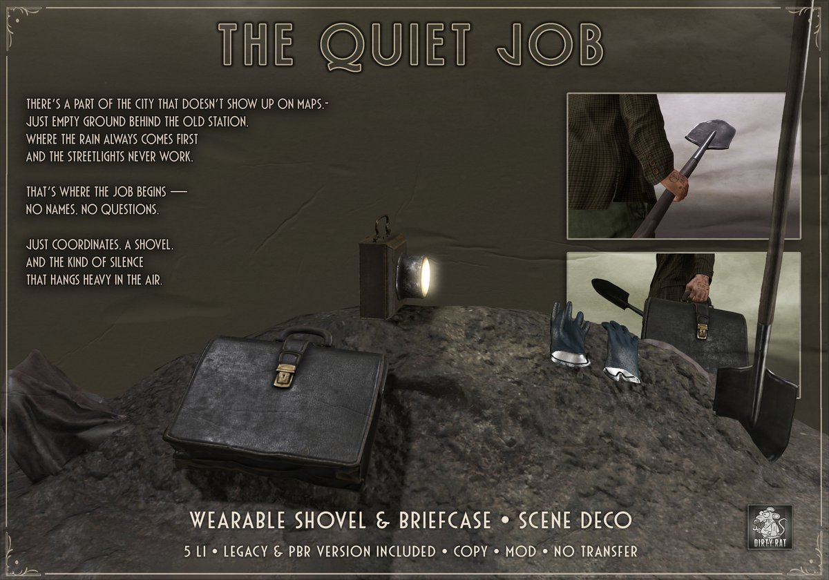 🕵️‍♂️ NEW RELEASE – The Quiet Job by Dirty Rat

A noir digging scene packed with mystery, style &amp; story.

🔥 Only 90L$ during the HW Marketplace Sale!
📅 April 16–18

👉 marketplace.secondlife.com/p/Dirty-Rat-Th…

#SecondLife #DirtyRat