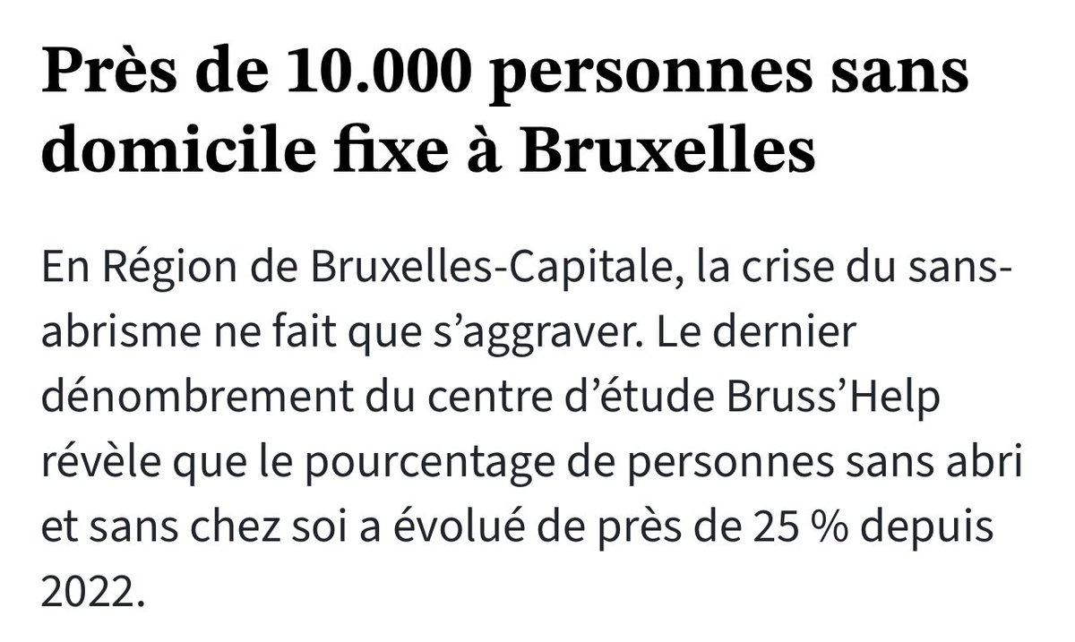 Près de 10.000 personnes sans-abri à Bruxelles. +25 % en deux ans. Voilà le vrai bilan social de la gauche bruxelloise. Des budgets toujours plus grands, pour une misère toujours plus grande. C’est ça leur vision du social.