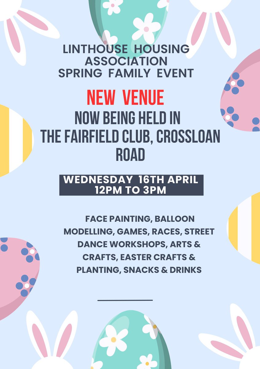 Good Food Scotland (@goodfoodscot) on Twitter photo Join <a href="/LinthouseHA/">Linthouse Hsg Assoc</a> for some spring fun today, from 12pm to 3pm!
Due to the weather, the event has been moved indoors & will now take place at the Fairfield Club on Crossloan Road.
There’ll be games, activities, dance workshops, & spring planting – fun for all the family! 😊 Join <a href="/LinthouseHA/">Linthouse Hsg Assoc</a> for some spring fun today, from 12pm to 3pm!
Due to the weather, the event has been moved indoors & will now take place at the Fairfield Club on Crossloan Road.
There’ll be games, activities, dance workshops, & spring planting – fun for all the family! 😊