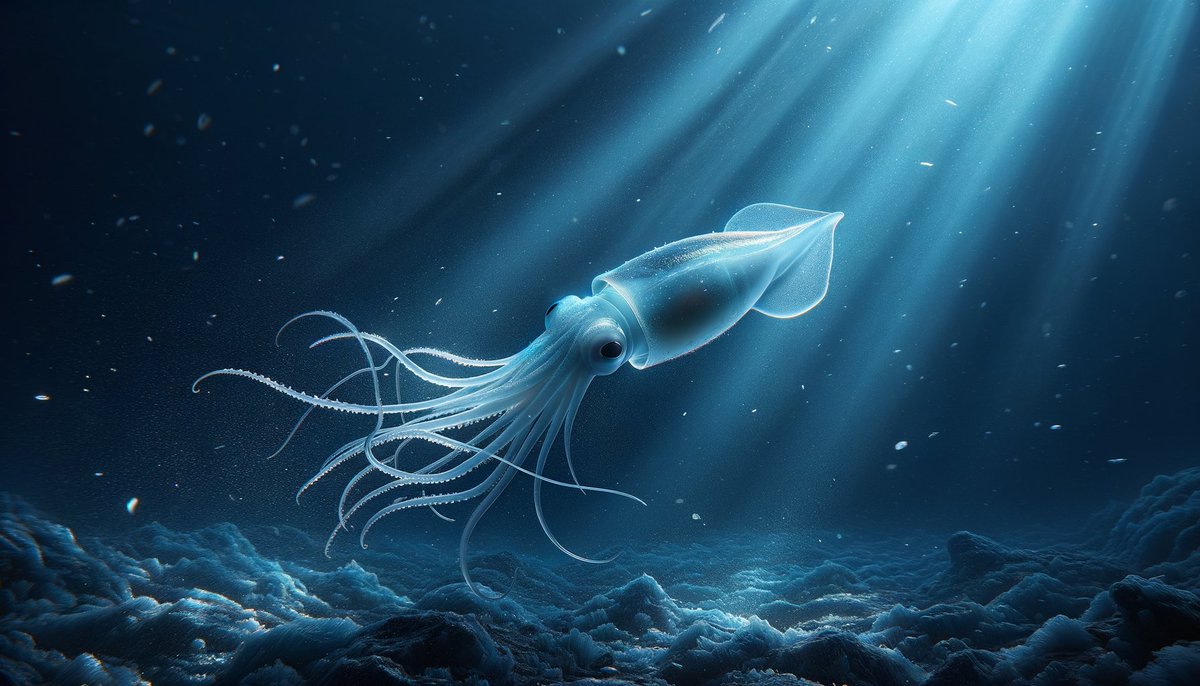 DrGrowthe's tweet photo. a breakthrough in marine biology! 🌊 for the first time, a living baby colossal squid, just one foot long, was filmed 2,000 feet deep near antarctica. this discovery could unlock more ocean secrets! 🦑✨ #deepseadiscovery https://t.co/ppaaXBsW7s