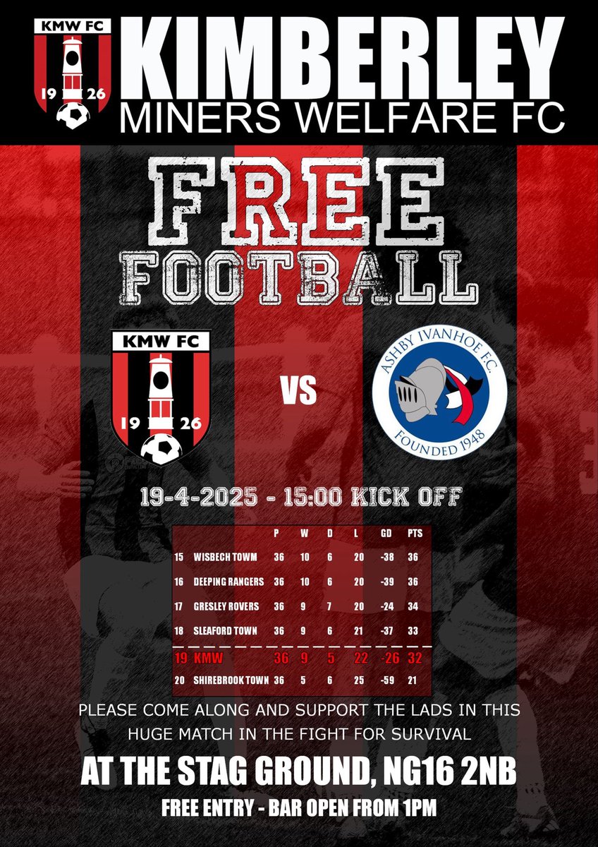 KimberleyMWFC's tweet photo. We are at home this Saturday for the last time in a huge game in the UCL North as Ashby Ivanhoe are the visitors.

Once again we are offering FREE ENTRY TO ALL.

The bar will be open from 1pm and We will also have a food van onsite!

Please get down and support the lads! https://t.co/C5rhyAXIJx