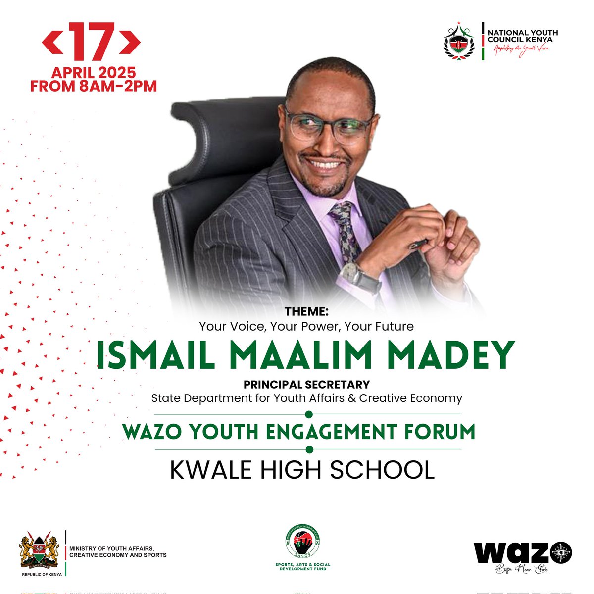 Hayawi hayawi huwa!
Vijana wa Kwale 🌴  tupatane Kwale High School kesho asubuhi mapema tupige gumzo kuhusu mambo ya vijana na tujue fursa ambazo serikali imetengea vijana.. 🔥

#NYCKwale
#NYCWazoForum