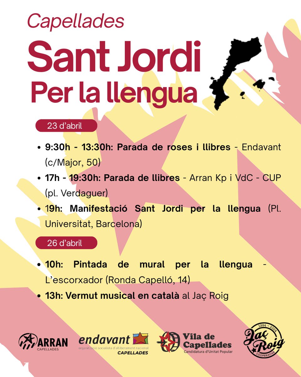 VdCCUP's tweet photo. Un any més, l'Esquerra Independentista de #Capellades celebrem Sant Jordi amb diverses activitats i ho fem sota el lema "Sant Jordi per la llengua". Perquè reivindicar-la, és defensar la nostra manera de ser, de resistir, de teixir comunitat! Volem viure plenament en català! https://t.co/G8KHFtiNz0