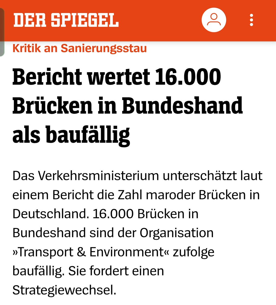 Wahnsinn: 16.000 Brücken baufällig. Was hülfe: 1. Massive Investitionen sofort! 2. Weg mit dem Bundesverkehrswegeplan (wollen SPD &amp; Union behalten). Mehr Verkehr auf Schiene verlagern, vor allem Schwerlast. Schienennetz sanieren, ausbauen. Zahl der PKWs drastisch reduzieren.