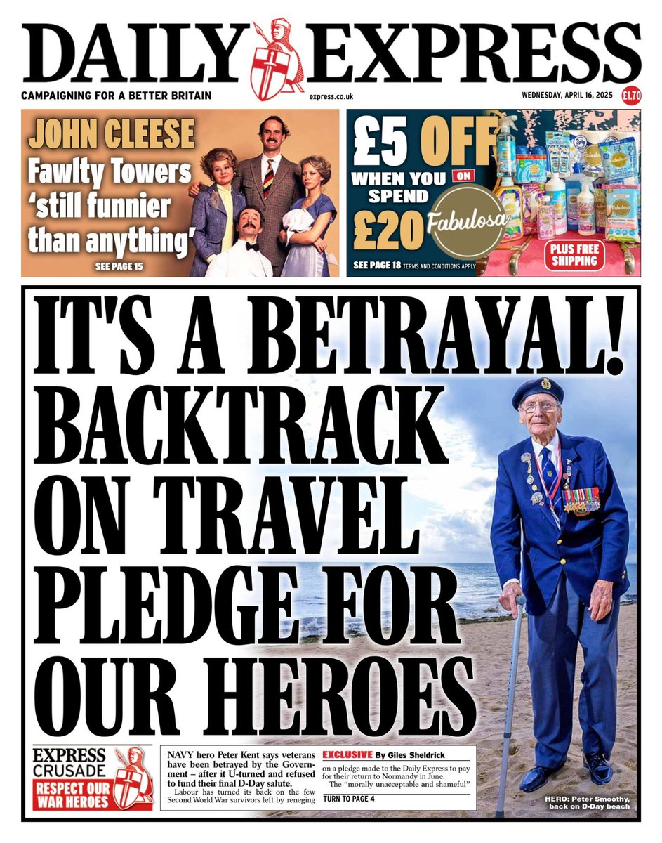 THE FINAL BETRAYAL OF THE FALLEN
Yesterday, Labour gave £120million for the war in Sudan

Today, we learn they're CANCELLING a pledge to pay for the travel of the last surviving WWII veterans to Normandy 

They MUST change tack on this! We MUST put our war heroes first!